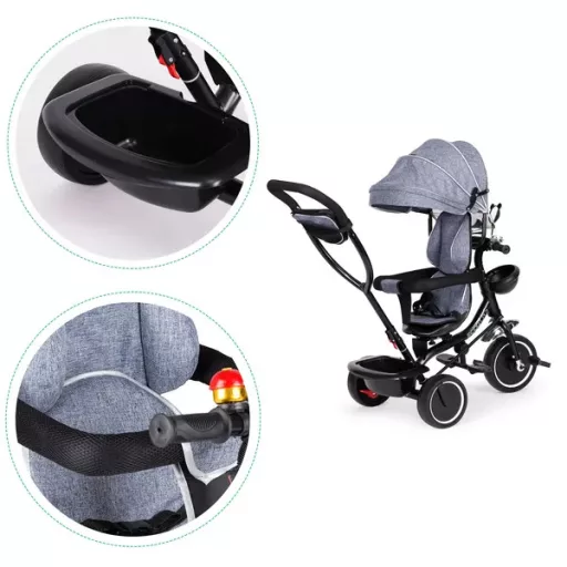 ECOTOYS szürke gyerek tricikli 360° forgatható üléssel és kupolával, 12 hó+