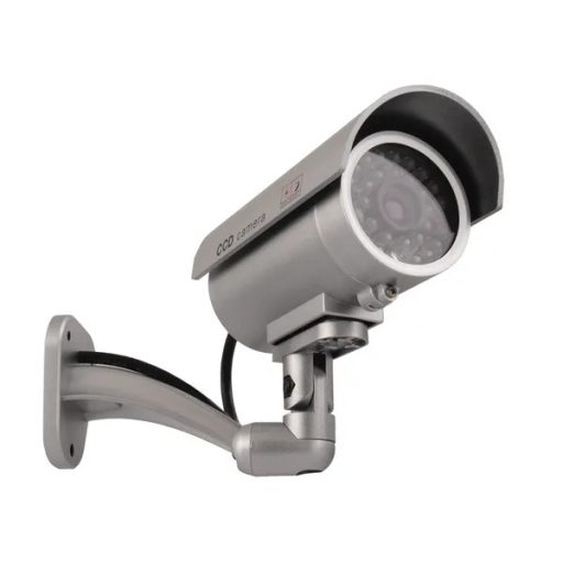 Ezüst csőkamera-atrapa IR LED-del, villogó piros dióda, kültéri-beltéri