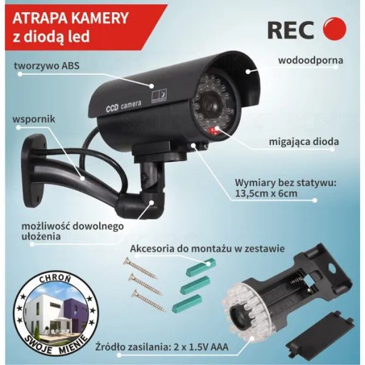 Ezüst csőkamera-atrapa IR LED-del, villogó piros dióda, kültéri-beltéri