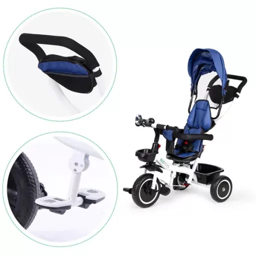 ECOTOYS kék gyermek tricikli 360° forgatható üléssel, acél váz, 6 hó+
