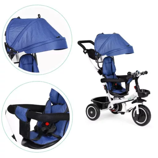 ECOTOYS kék gyermek tricikli 360° forgatható üléssel, acél váz, 6 hó+