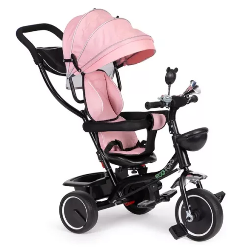 Pink forgatható üléses napellenzős tricikli, 12–48 hó, acél váz
