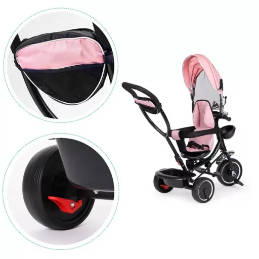 Pink forgatható üléses napellenzős tricikli, 12–48 hó, acél váz