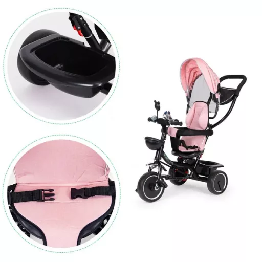 Pink forgatható üléses napellenzős tricikli, 12–48 hó, acél váz