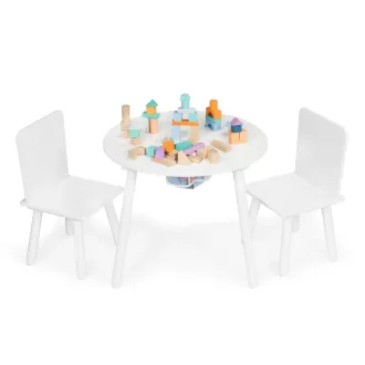   Ecotoys fa kerek gyermekasztal (59.5 cm) 2 db székkel, középső játéktárolóval, fehér
