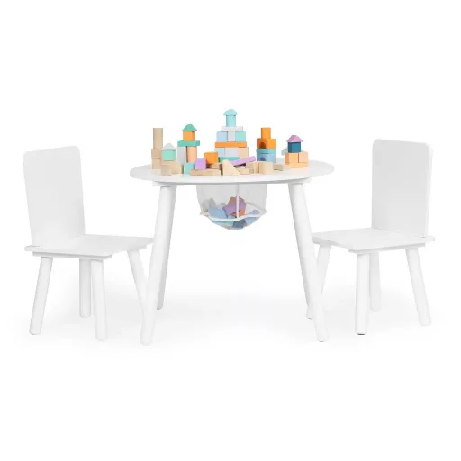 Ecotoys fa kerek gyermekasztal (59.5 cm) 2 db székkel, középső játéktárolóval, fehér