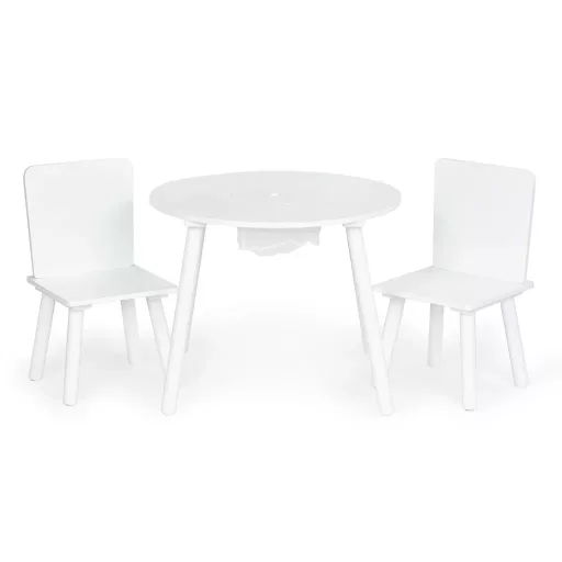 Ecotoys fa kerek gyermekasztal (59.5 cm) 2 db székkel, középső játéktárolóval, fehér