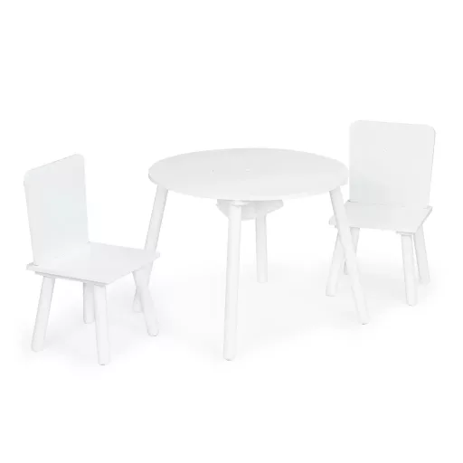 Ecotoys fa kerek gyermekasztal (59.5 cm) 2 db székkel, középső játéktárolóval, fehér