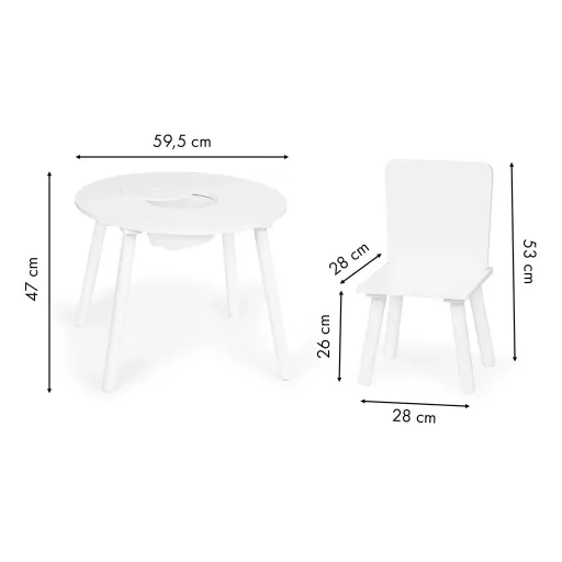 Ecotoys fa kerek gyermekasztal (59.5 cm) 2 db székkel, középső játéktárolóval, fehér
