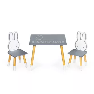   Ecotoys fa gyermekasztal (60x50x47 cm) 2 db nyuszis háttámlájú székkel, szürke-fehér