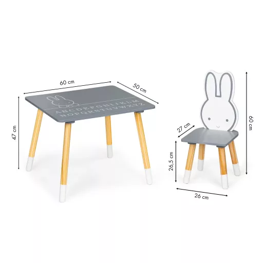 Ecotoys fa gyermekasztal (60x50x47 cm) 2 db nyuszis háttámlájú székkel, szürke-fehér