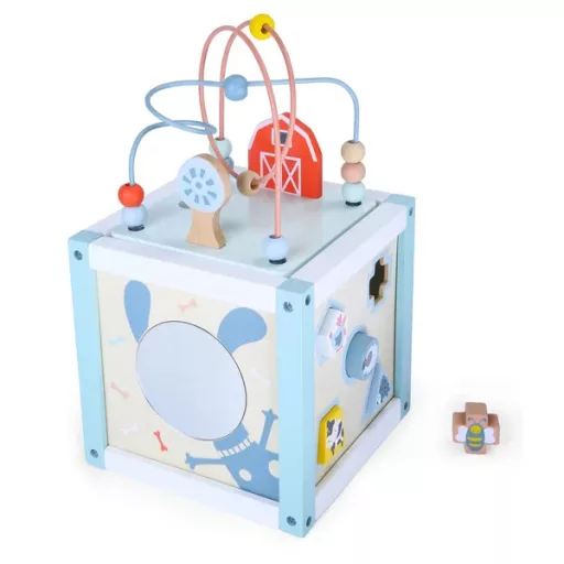 Fa fejlesztő kocka formaillesztővel, golyóvezetővel 20x20 cm – 12 hó+