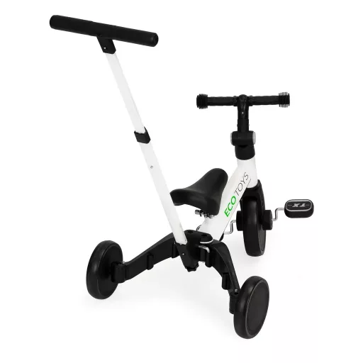 ECOTOYS 2 az 1-ben tricikli tolókarral, állítható ülésmagassággal és kormánnyal, fekete-fehér