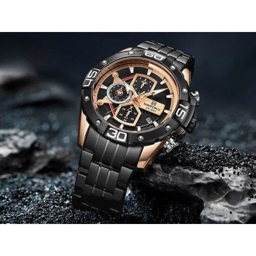 Naviforce NF8018 férfi kronográf karóra, rozéarany-fekete, acél szíj
