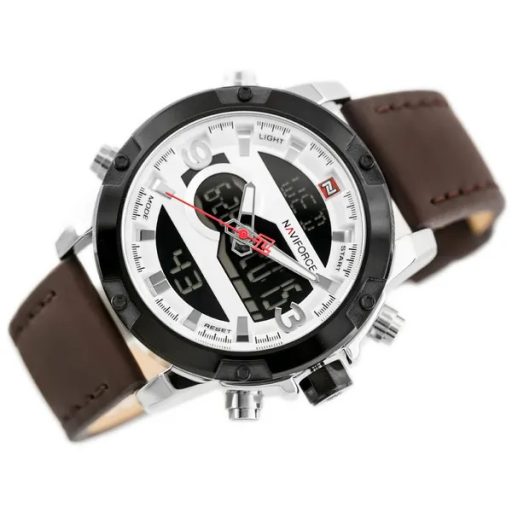 Naviforce NF9097 férfi karóra, barna bőrszíj, ezüst tok, WR30