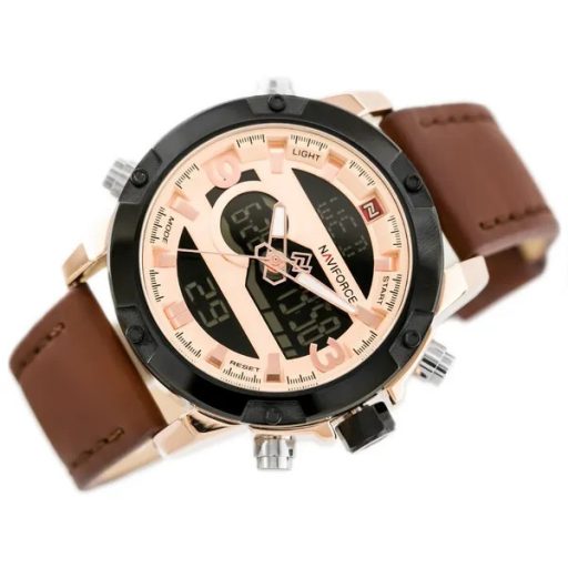 Naviforce férfi kvarcóra, barna bőr szíj, rozéarany 47 mm kronográf