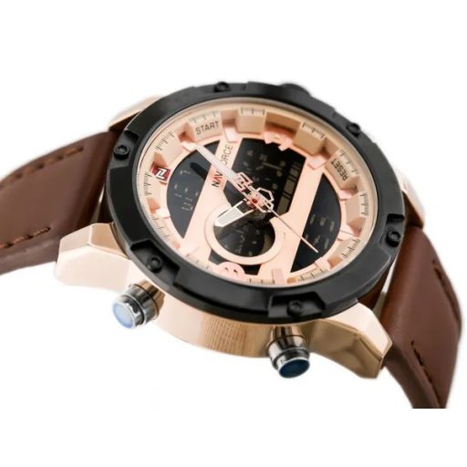 Naviforce férfi kvarcóra, barna bőr szíj, rozéarany 47 mm kronográf