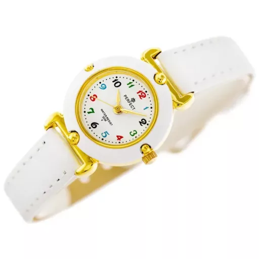 Gyerek kvarc karóra színes számokkal, fehér bőrszíj, 26 mm tok, WR30