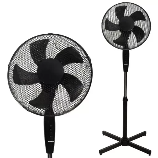 Fekete álló ventilátor 45 W, 5 lapát, 3 üzemmód, állítható magasság