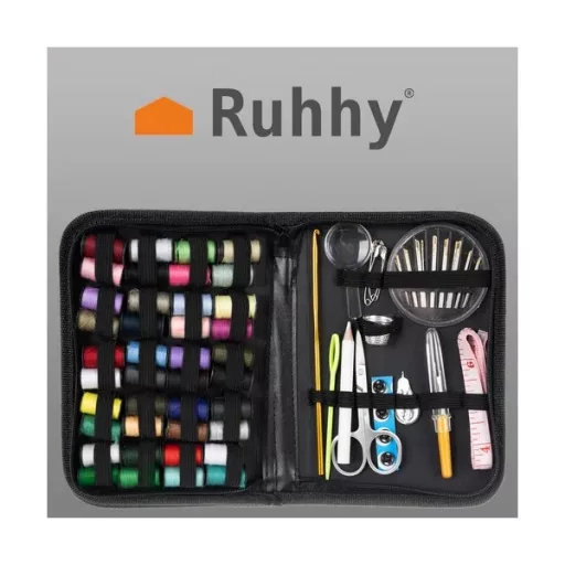 Ruhhy hordozható varrókészlet, 129 részes, színes cérnákkal, tokban