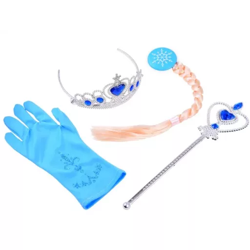 Kék hercegnői jelmezkészlet: korona, jogar, fonott hajcsat, kesztyű