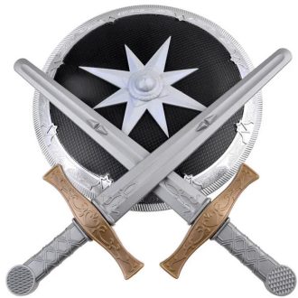   Gyerek lovagi játékkészlet 2 műanyag karddal és 35 cm-es pajzzsal, ezüst-fekete