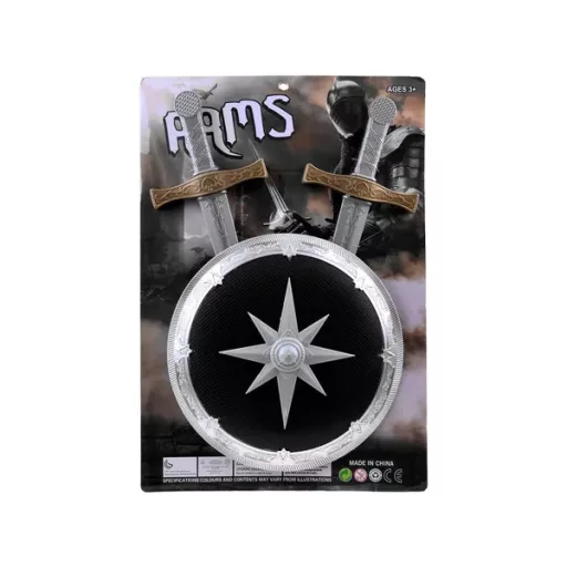 Gyerek lovagi játékkészlet 2 műanyag karddal és 35 cm-es pajzzsal, ezüst-fekete