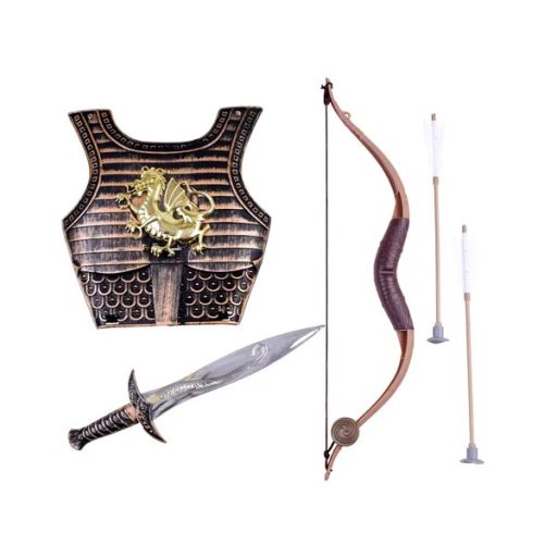 Gyerek íjász jelmez szett: műanyag páncél, kard, íj 58 cm, nyílvesszők