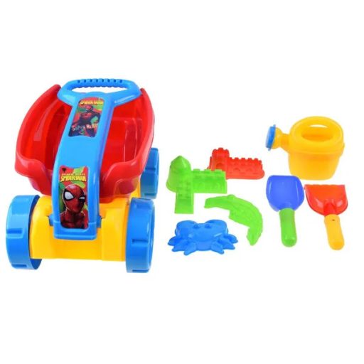 Pókember mintás húzható homokozó kocsi locsolókannával, gereblyével