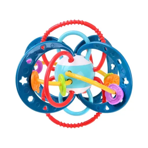 Érzékelést fejlesztő puha szilikon babacsörgő-rágóka, 14 cm, pasztell