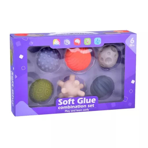 Szenzoros gumilabda készlet, 6 db, 6 cm, pasztell, texturált felület