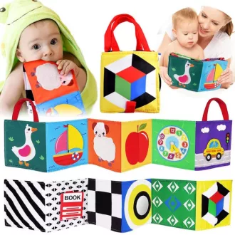  Kontrasztos textil harmonika babakönyv tükörrel, zörgőkkel, 0-12 hó