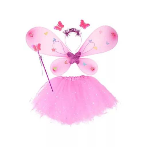 Világító rózsaszín tüll tündér jelmez szárnyakkal, pálcával és fejpánttal