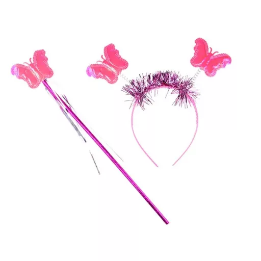 Világító rózsaszín tüll tündér jelmez szárnyakkal, pálcával és fejpánttal