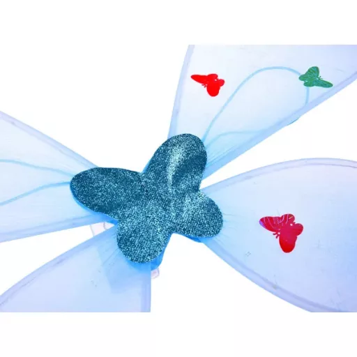 Kék világítós tüll tündérjelmez szoknyával, szárnnyal, pálcával