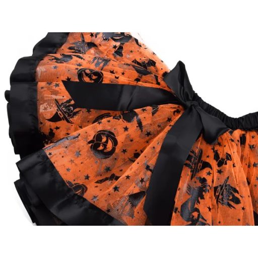 Gyerek boszorkány jelmez M (100-115 cm), szoknya+kalap+seprű, narancs/fekete