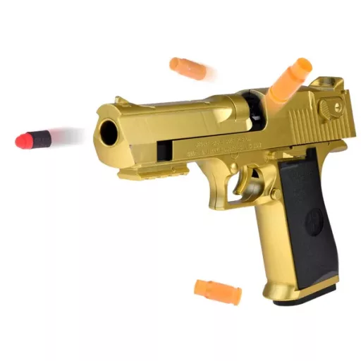Rugós játékpisztoly habszivacs lőszerekkel, hangtompítóval és hüvelykivetéssel