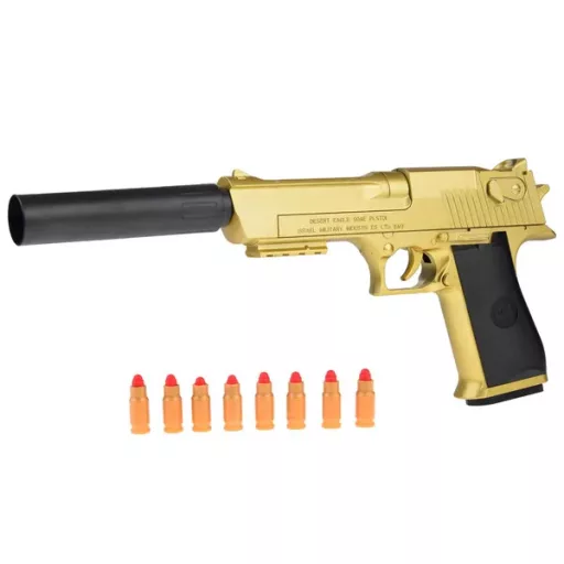 Rugós játékpisztoly habszivacs lőszerekkel, hangtompítóval és hüvelykivetéssel