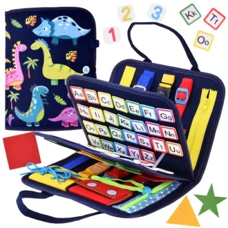   Színes dinoszauruszos szenzoros textil készségfejlesztő könyv 28×22 cm