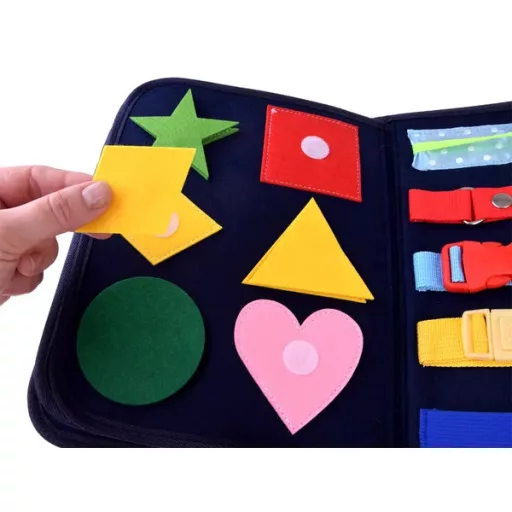 Színes dinoszauruszos szenzoros textil készségfejlesztő könyv 28×22 cm