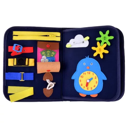 Színes dinoszauruszos szenzoros textil készségfejlesztő könyv 28×22 cm