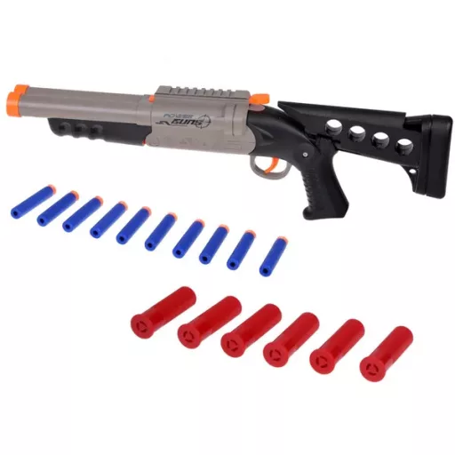 Nagy 51 cm-es játék sörétes puska 6 hüvely + 10 habszivacs nyíllal