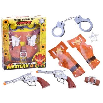   Gyerek cowboy jelmez kiegészítő készlet – 2 hangos pisztoly, öv, bilincs, jelvény