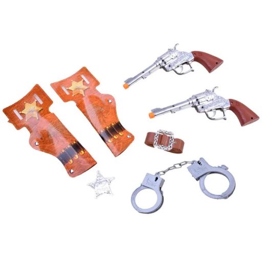 Gyerek cowboy jelmez kiegészítő készlet – 2 hangos pisztoly, öv, bilincs, jelvény