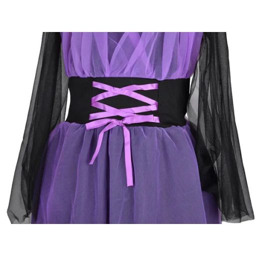 Gyerek boszorkány jelmez szett ruha+kalap, fekete-lila, 110-140 cm