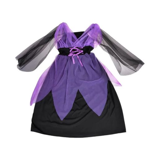 Gyerek boszorkány jelmez szett ruha+kalap, fekete-lila, 110-140 cm