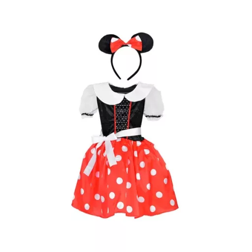 Minnie egér lány jelmez, piros pöttyös ruha fejpánttal (L/XL)