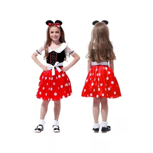 Minnie egér lány jelmez, piros pöttyös ruha fejpánttal (L/XL)