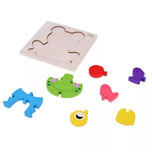 Fa 3D béka kirakó, Montessori fejlesztő puzzle, 7 elem, 14,5×14,5 cm