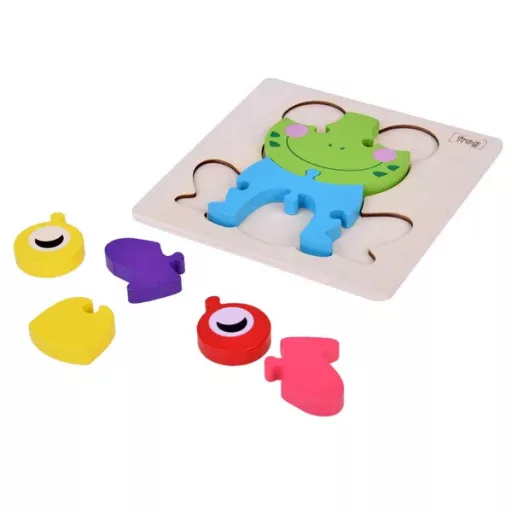 Fa 3D béka kirakó, Montessori fejlesztő puzzle, 7 elem, 14,5×14,5 cm